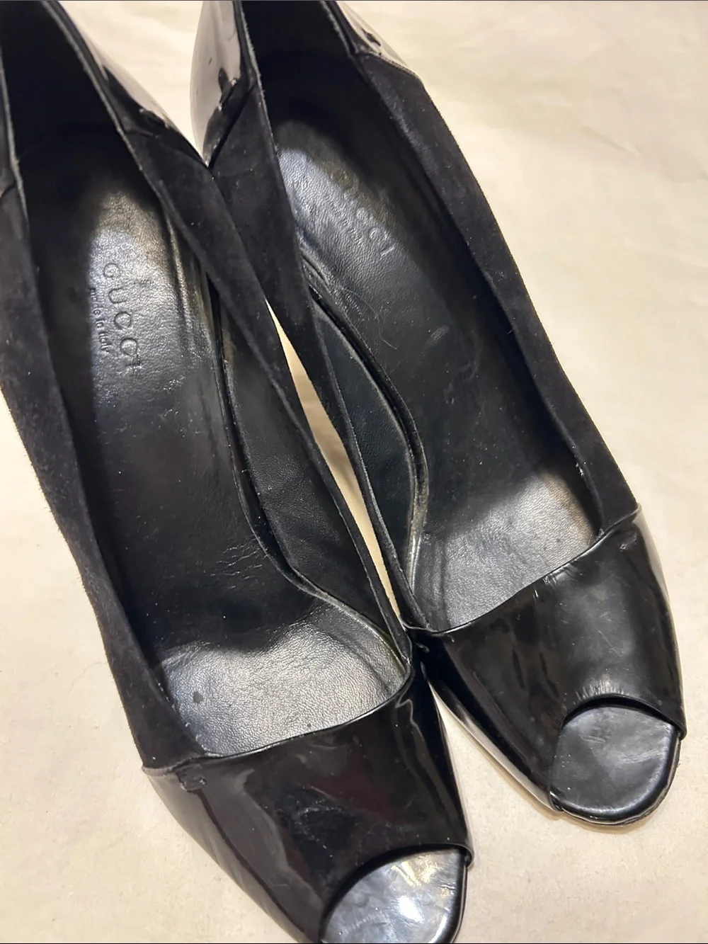 Gucci Black Patent & Suede Peep-Toe Heels